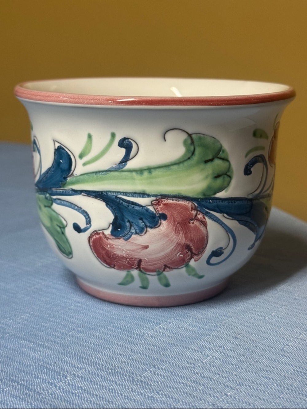 Italy Hand made ceramic planter scroll and flower design signed by artist 3.5”